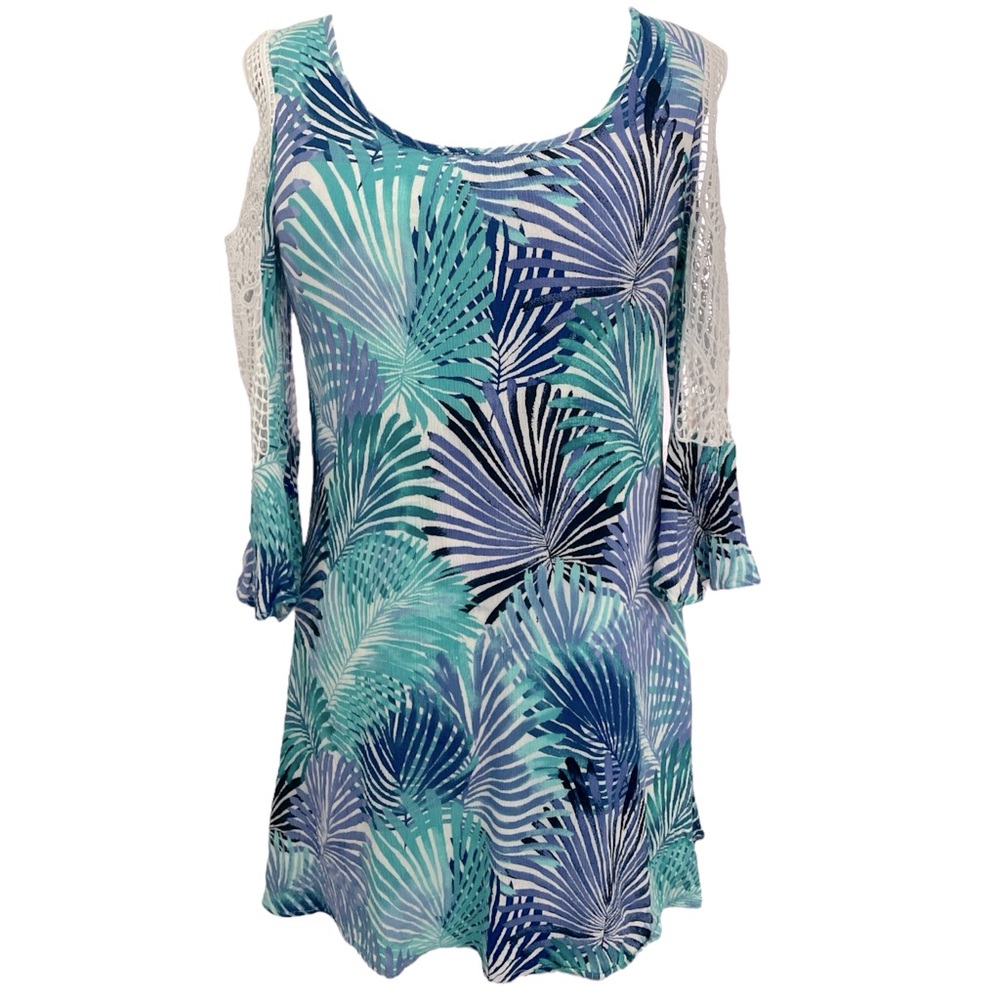 NINA LEONARD tropical palm leaf mini swing dress, 3/4 bell sleeves lace inlay M